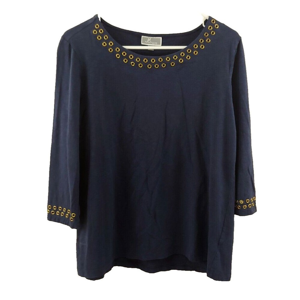 JM Collection Womens Top Petite Large Navy Blue 3/4 Sleeves Cotton Eyelette